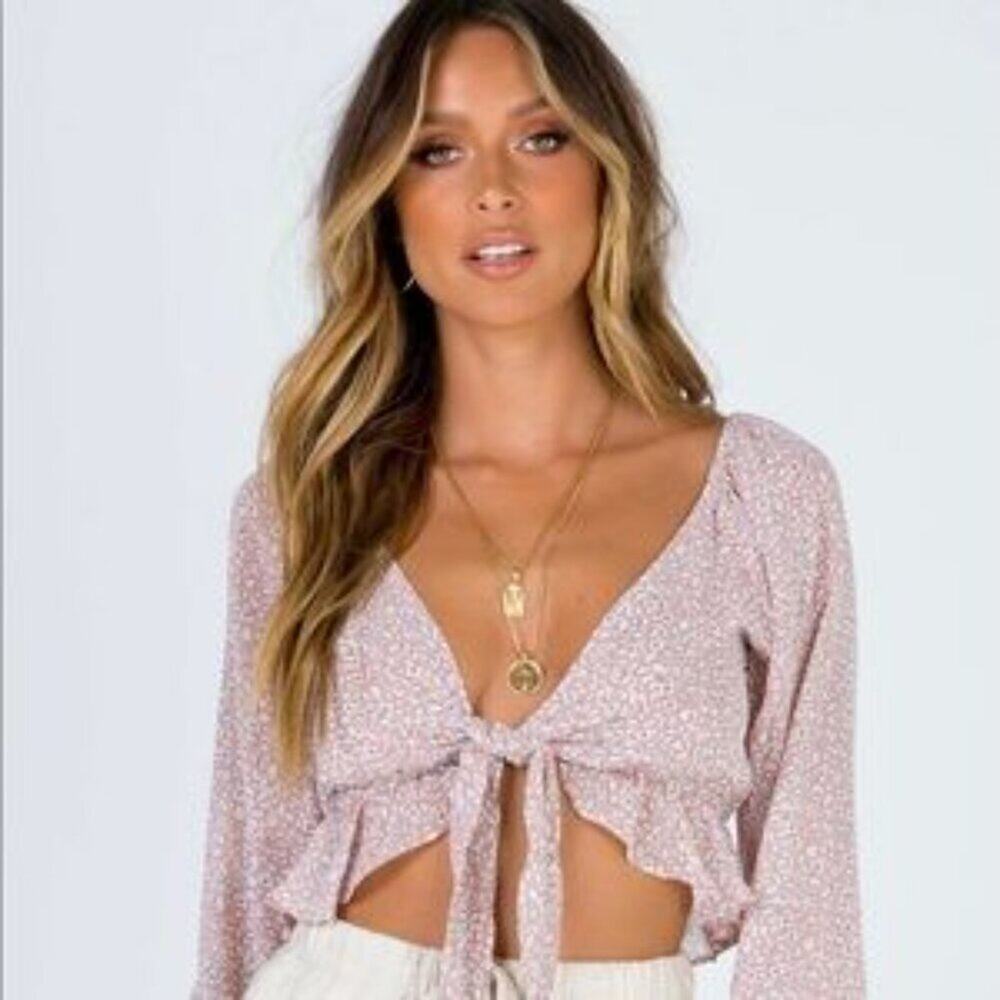 Princess Poly Neima Top Blush Pink Floral Crop Tie Front Size 6